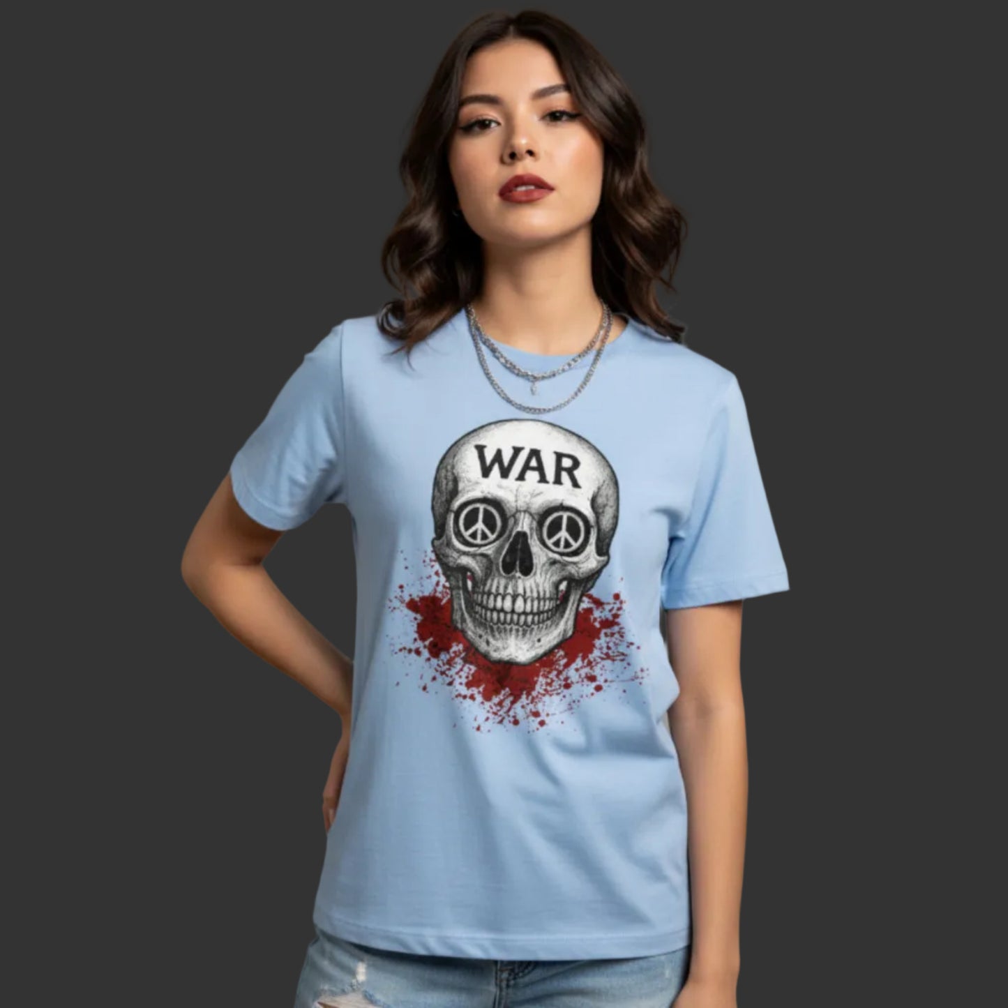 Premium Organic Shirt für Damen aus der Toripros PEACE Kollektion – WAR is DEATH Design in sky blueu, friedliches Statement für Leichtigkeit und Stil