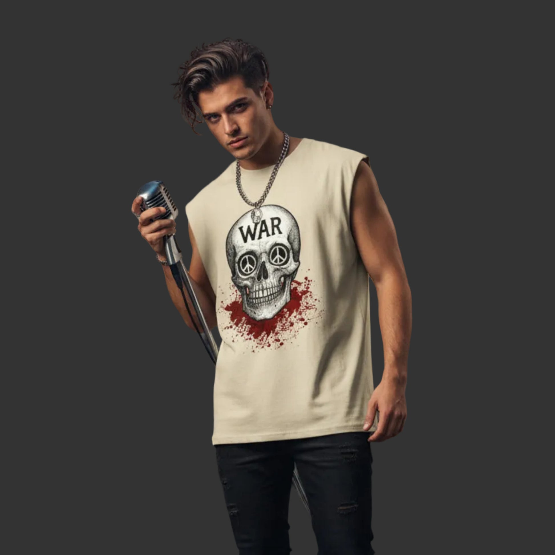 Ärmelloses Oversized T-Shirt aus der Toripros PEACE Kollektion – WAR is DEATH Design in Beige, zeitloses Statement für Frieden und bewussten Stil