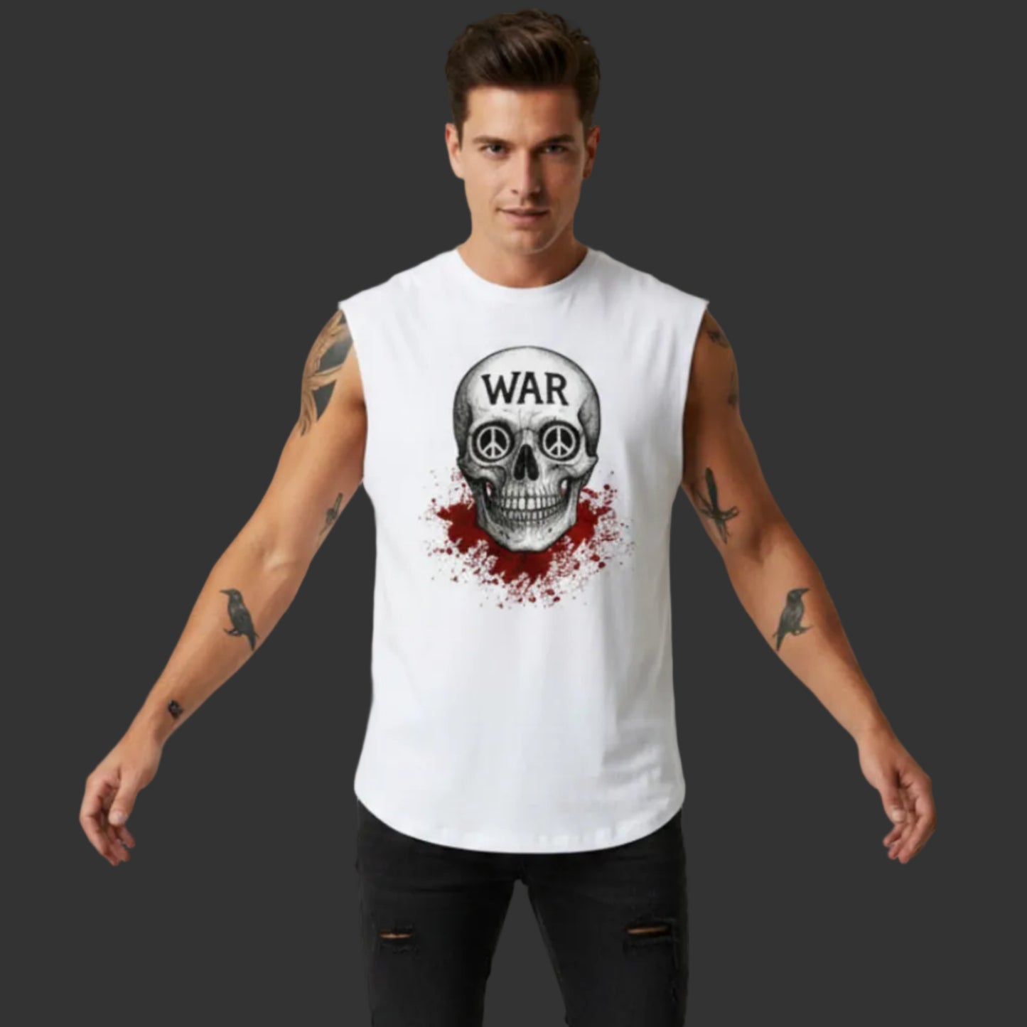 Ärmelloses Oversized T-Shirt aus der Toripros PEACE Kollektion – WAR is DEATH Design in Weiß, Statement für Frieden und bewusste Mode