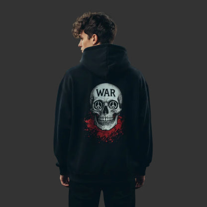 Oversized Hoodie aus der Toripros PEACE Kollektion – WAR is DEATH Design VACANCY in Schwarz, stylisches Statement-Piece für Frieden und bewusste Mode