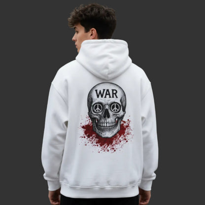 Oversized Hoodie aus der Toripros PEACE Kollektion – WAR is DEATH Design VACANCY in Weiß, nachhaltiges Statement für Frieden und modernen Stil