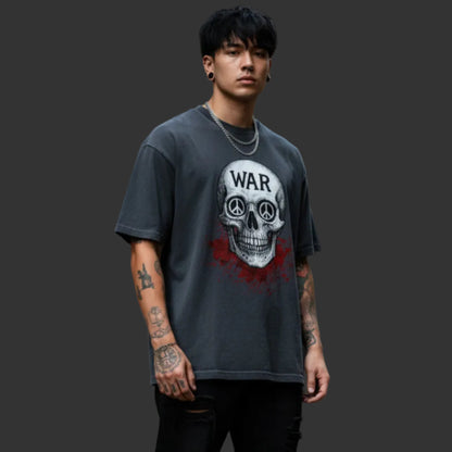 Oversized Shirt aus der Toripros PEACE Kollektion – WAR is DEATH Design VACANCY in washed black, Statement für Frieden und Bewusstsein.