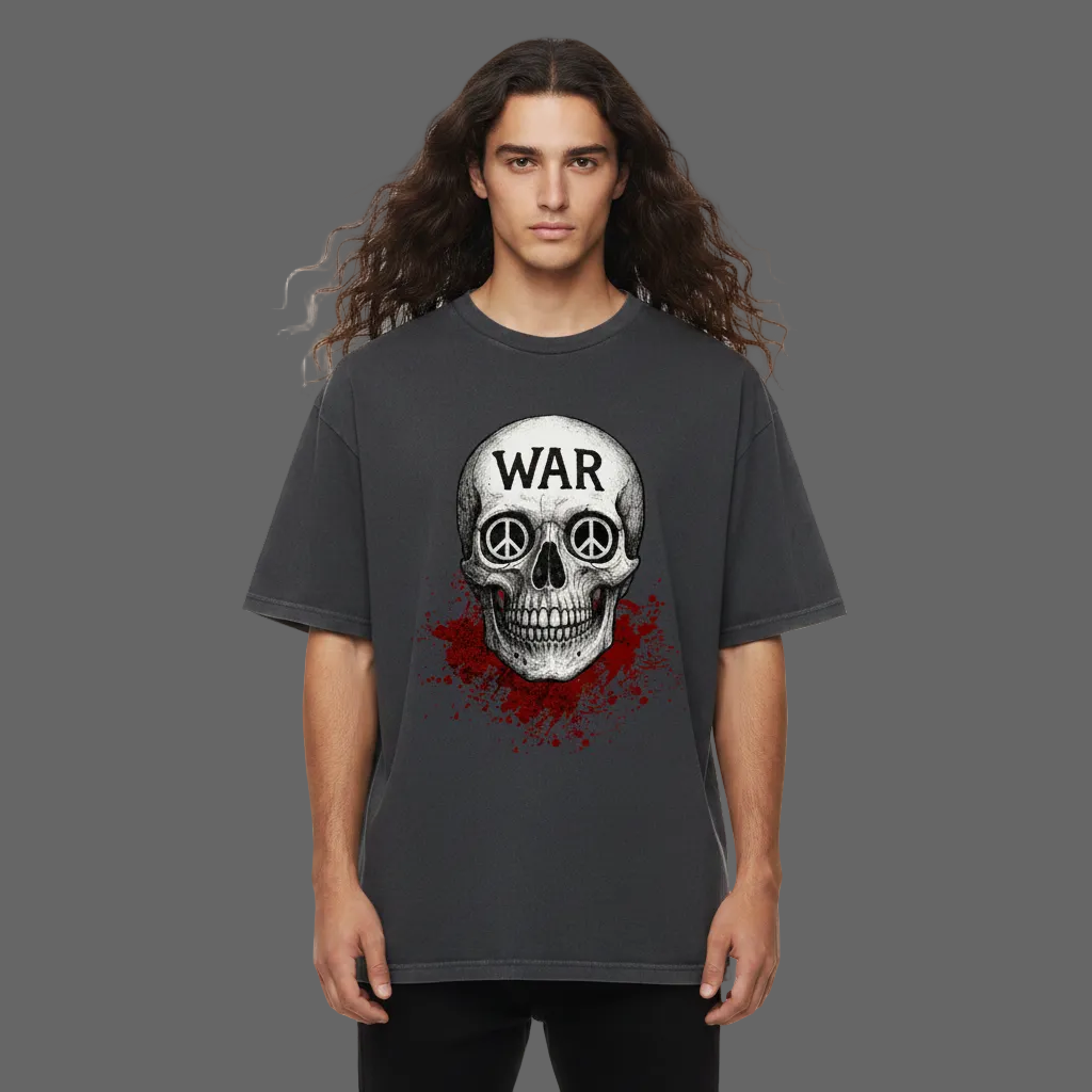Oversized Shirt aus der Toripros PEACE Kollektion – WAR is DEATH Design VACANCY in washed black, Statement für Frieden und Bewusstsein.