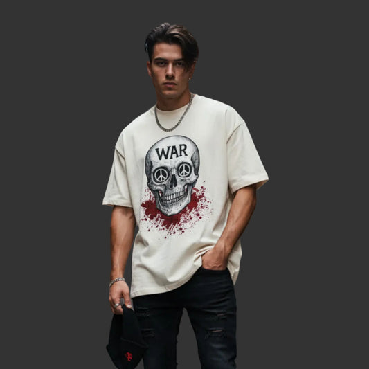 Oversized Shirt aus der Toripros PEACE Kollektion – WAR is DEATH Design VACANCY in Natur, Statement für Frieden und Bewusstsein