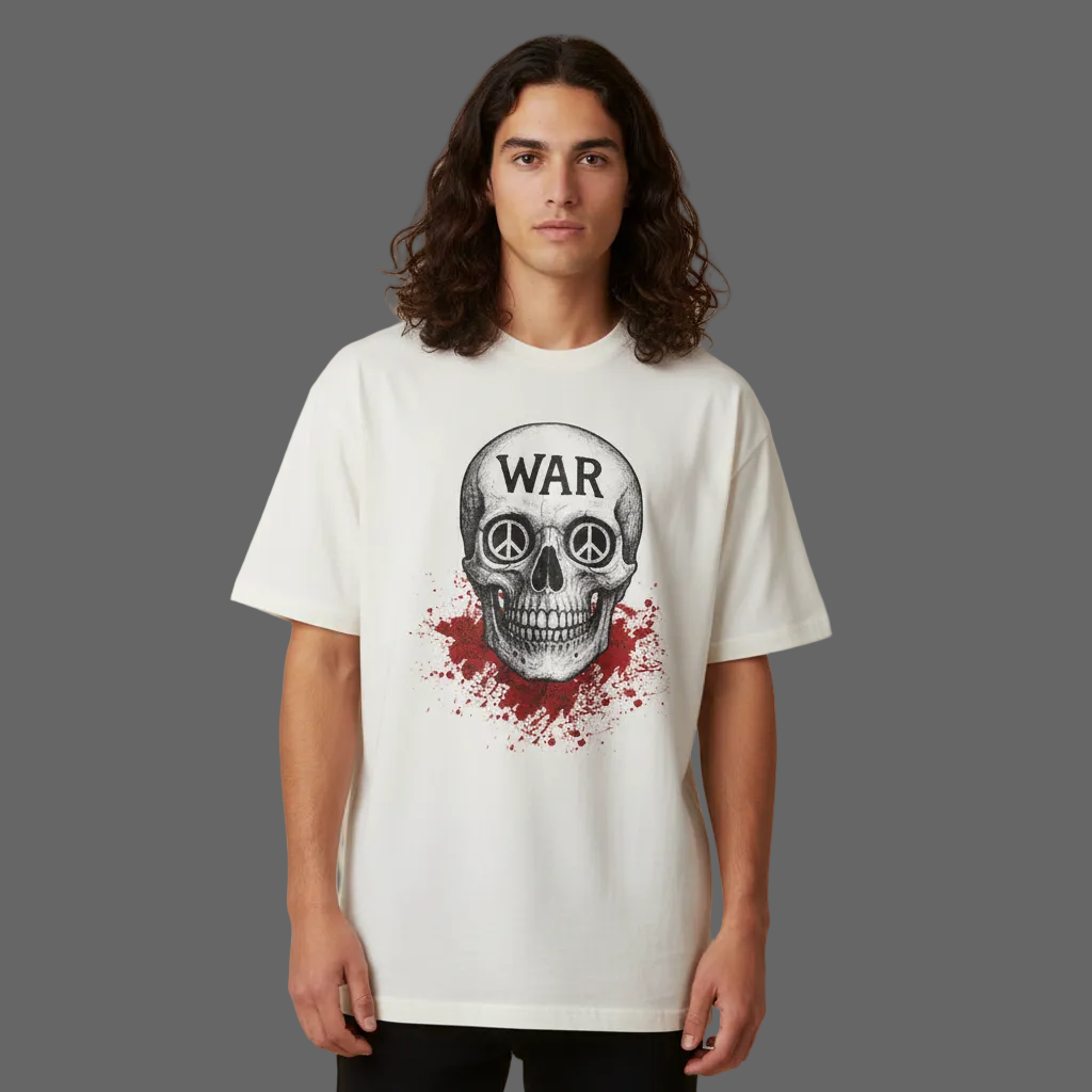 Oversized Shirt aus der Toripros PEACE Kollektion – WAR is DEATH Design VACANCY in Natur, Statement für Frieden und Bewusstsein