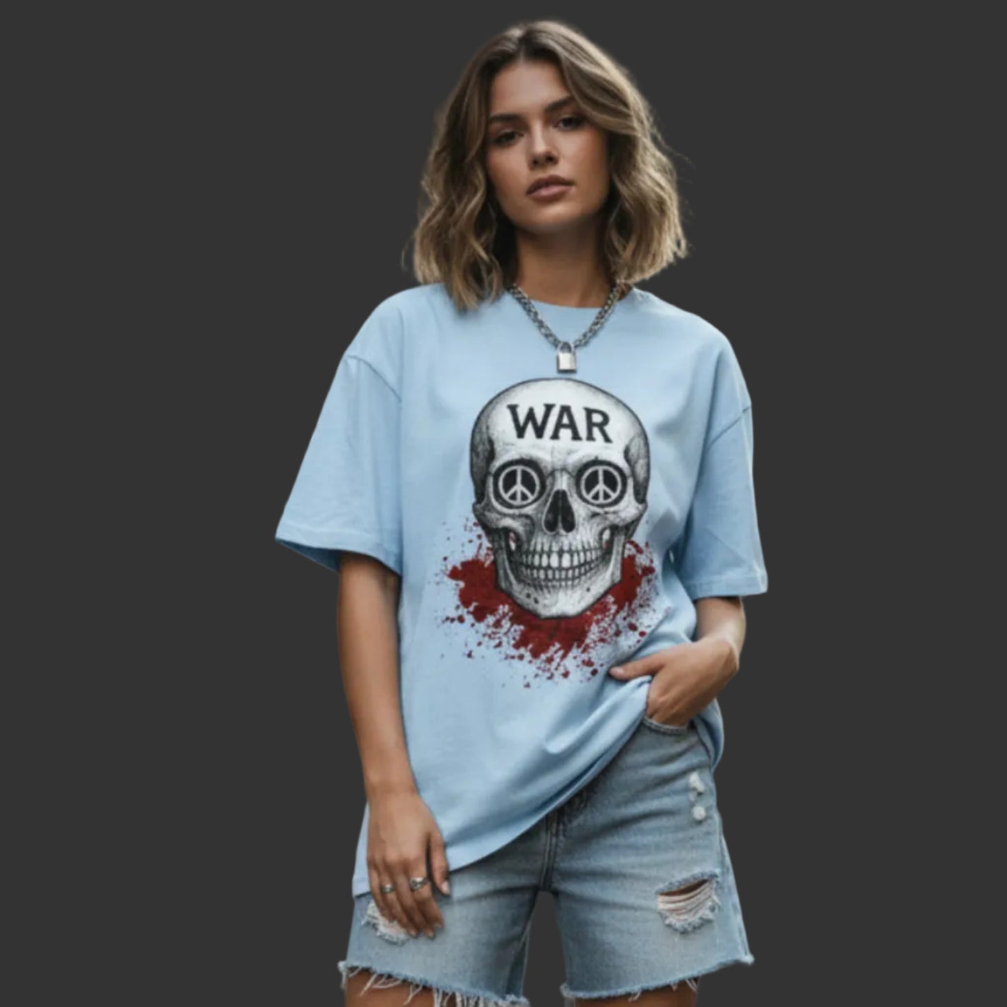Oversized Shirt aus der Toripros PEACE Kollektion – WAR is DEATH Design VACANCY in babyblau,  Statement für Frieden und Bewusstsein