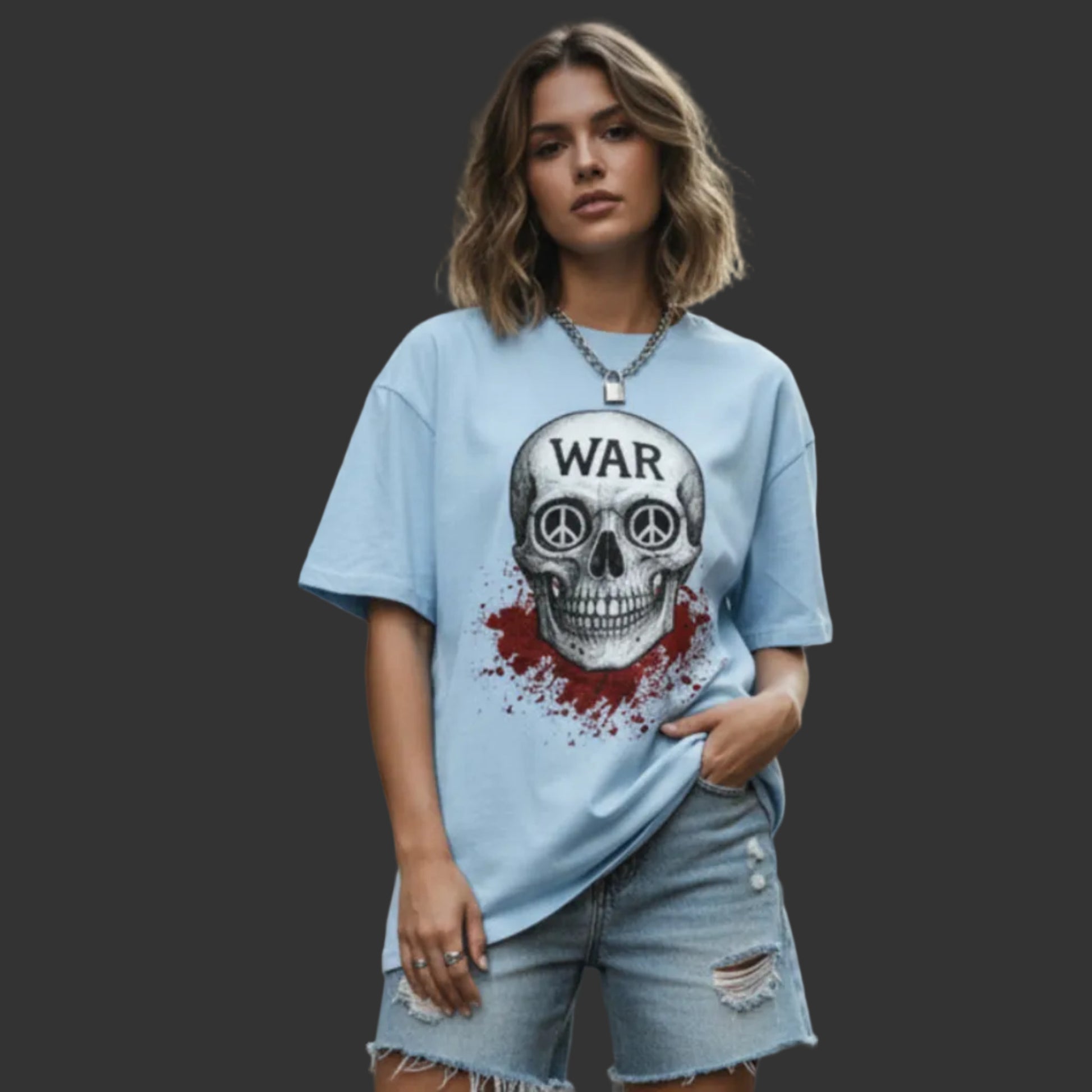 Oversized Shirt aus der Toripros PEACE Kollektion – WAR is DEATH Design VACANCY in babyblau,  Statement für Frieden und Bewusstsein