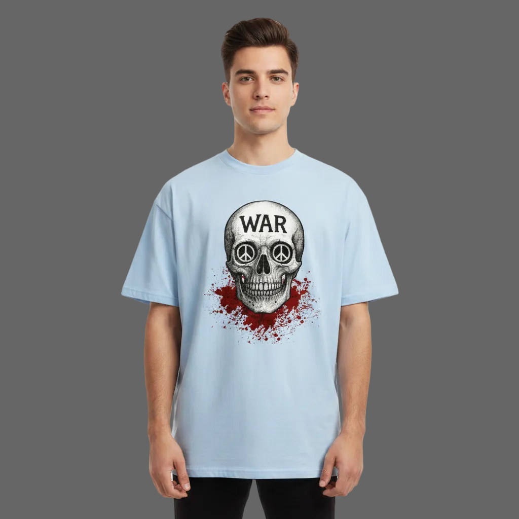 Oversized Shirt aus der Toripros PEACE Kollektion – WAR is DEATH Design VACANCY in babyblau,  Statement für Frieden und Bewusstsein