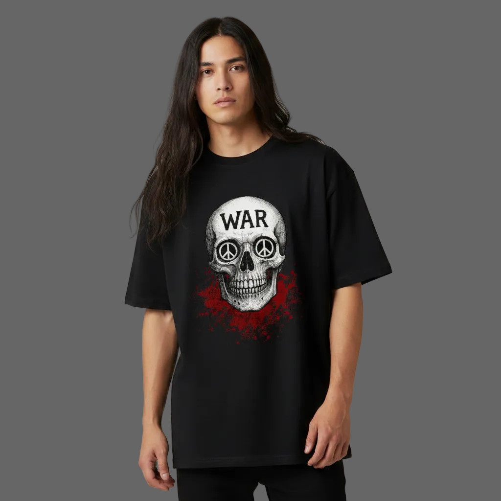 Oversized Shirt aus der Toripros PEACE Kollektion – WAR is DEATH Design VACANCY in schwarz, Statement für Frieden und Bewusstsein