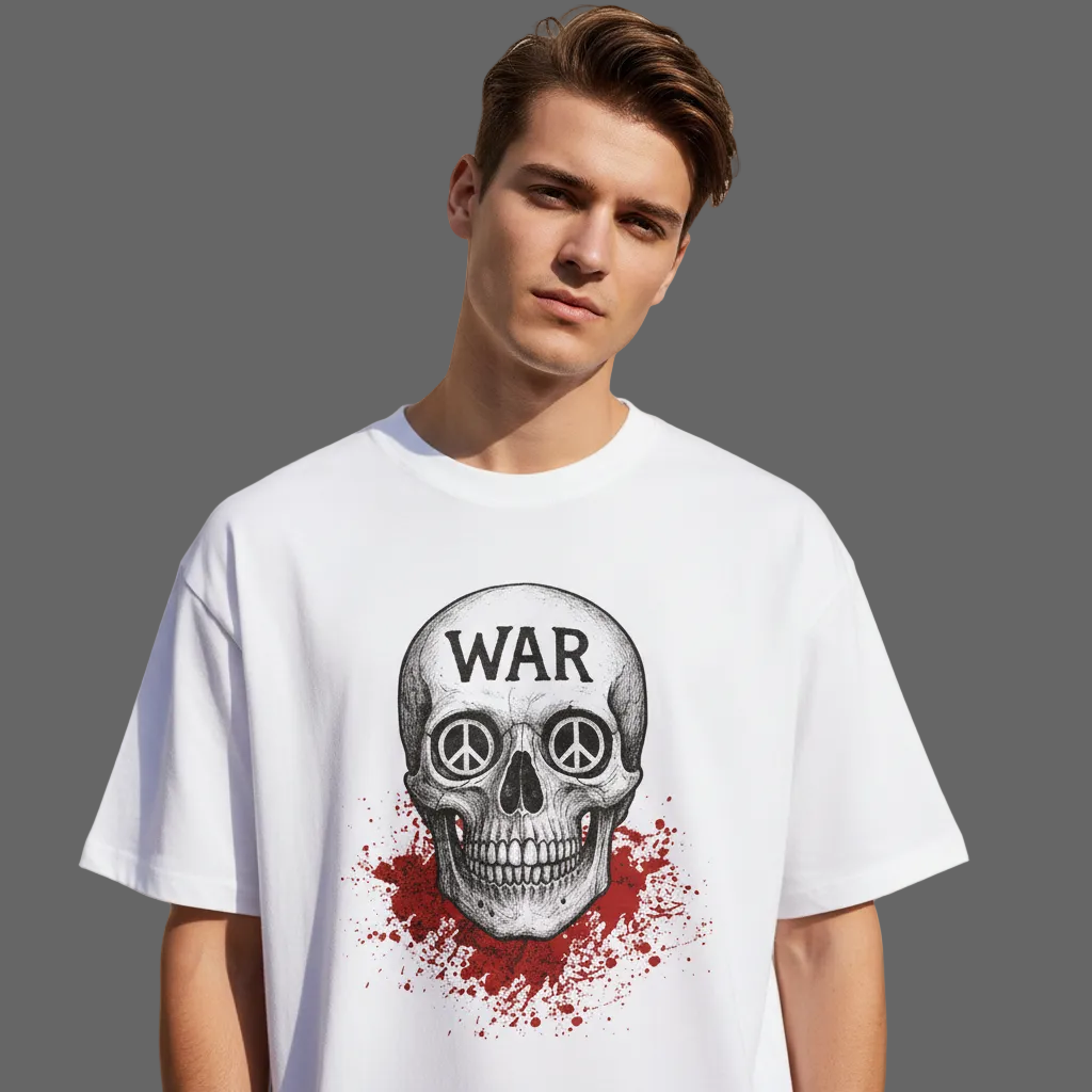 Oversized Shirt aus der Toripros PEACE Kollektion – WAR is DEATH Design VACANCY in [weiß], minimalistisches Statement für Frieden und Bewusstsein