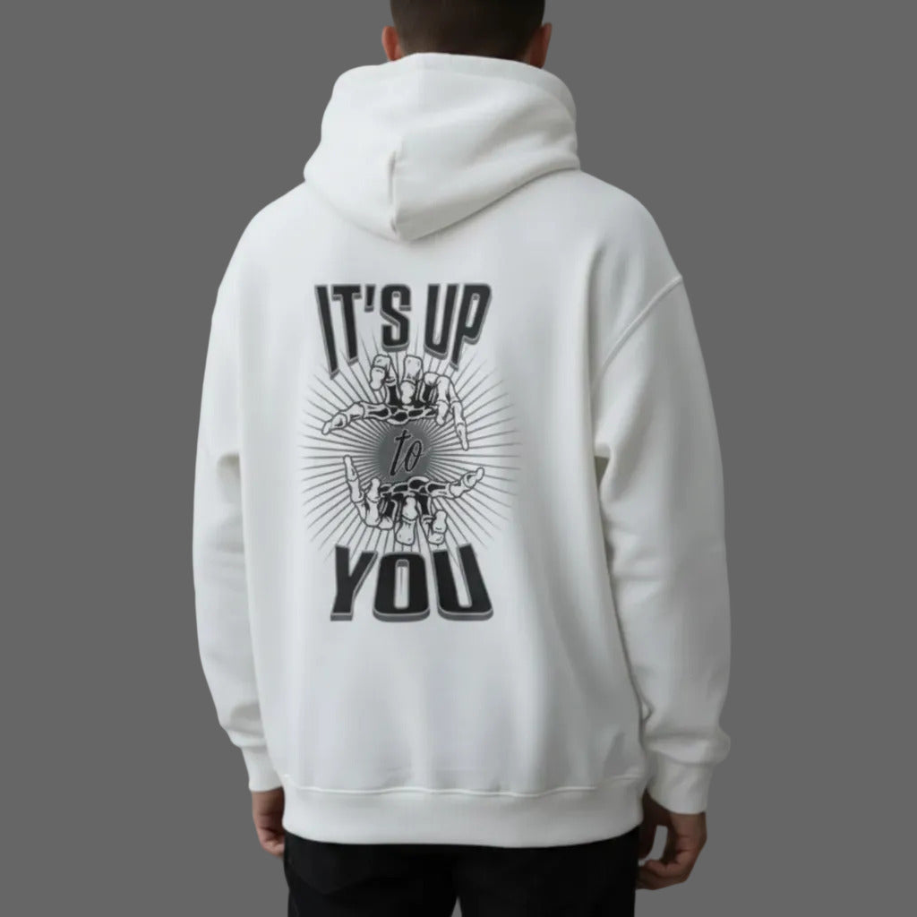 VACANCY Oversized Hoodie in weiß mit „IT'S UP TO YOU“-TORIPROS