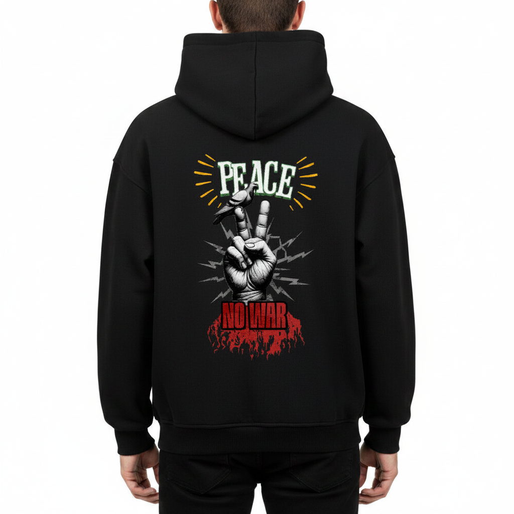 VACANCY Oversized Hoodie / PEACE no WARr:  schwarz