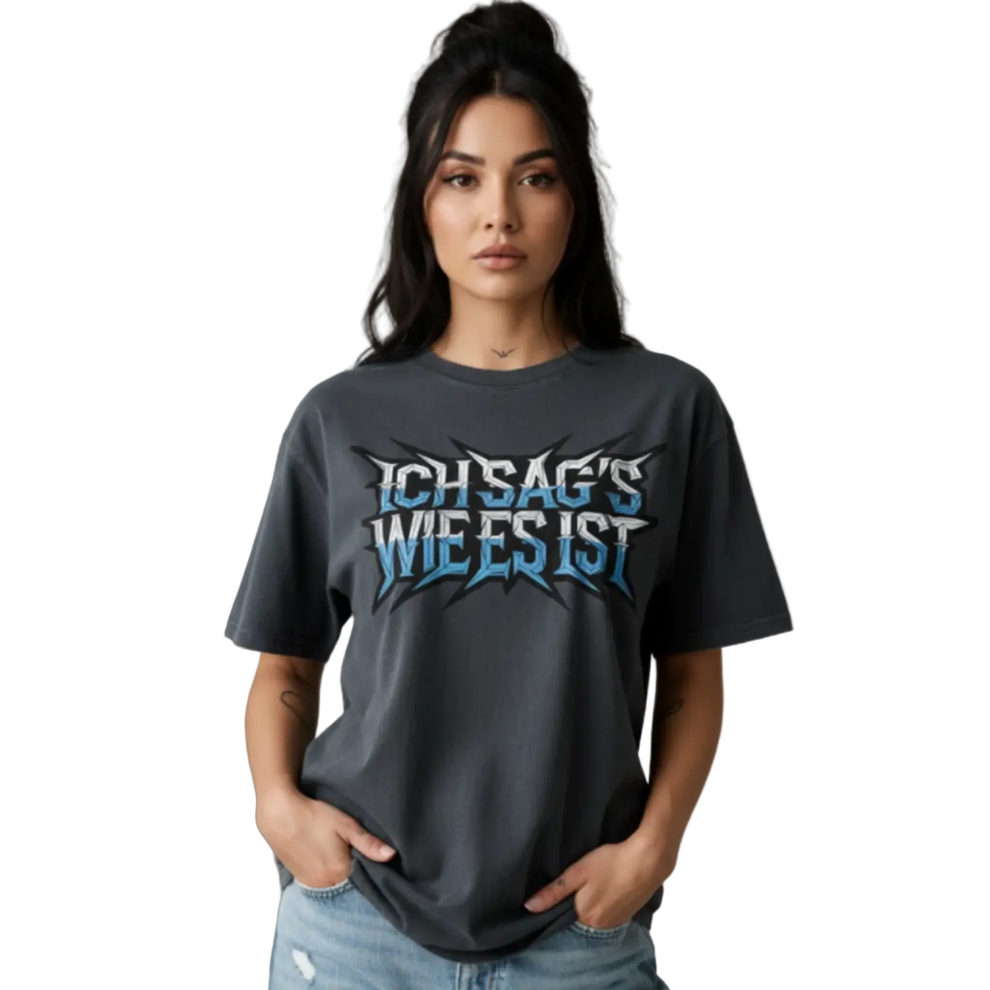 VACANCY Oversized Shirt in Washed Black mit „ICH SAG’S WIE ES IST“-TORIPROS