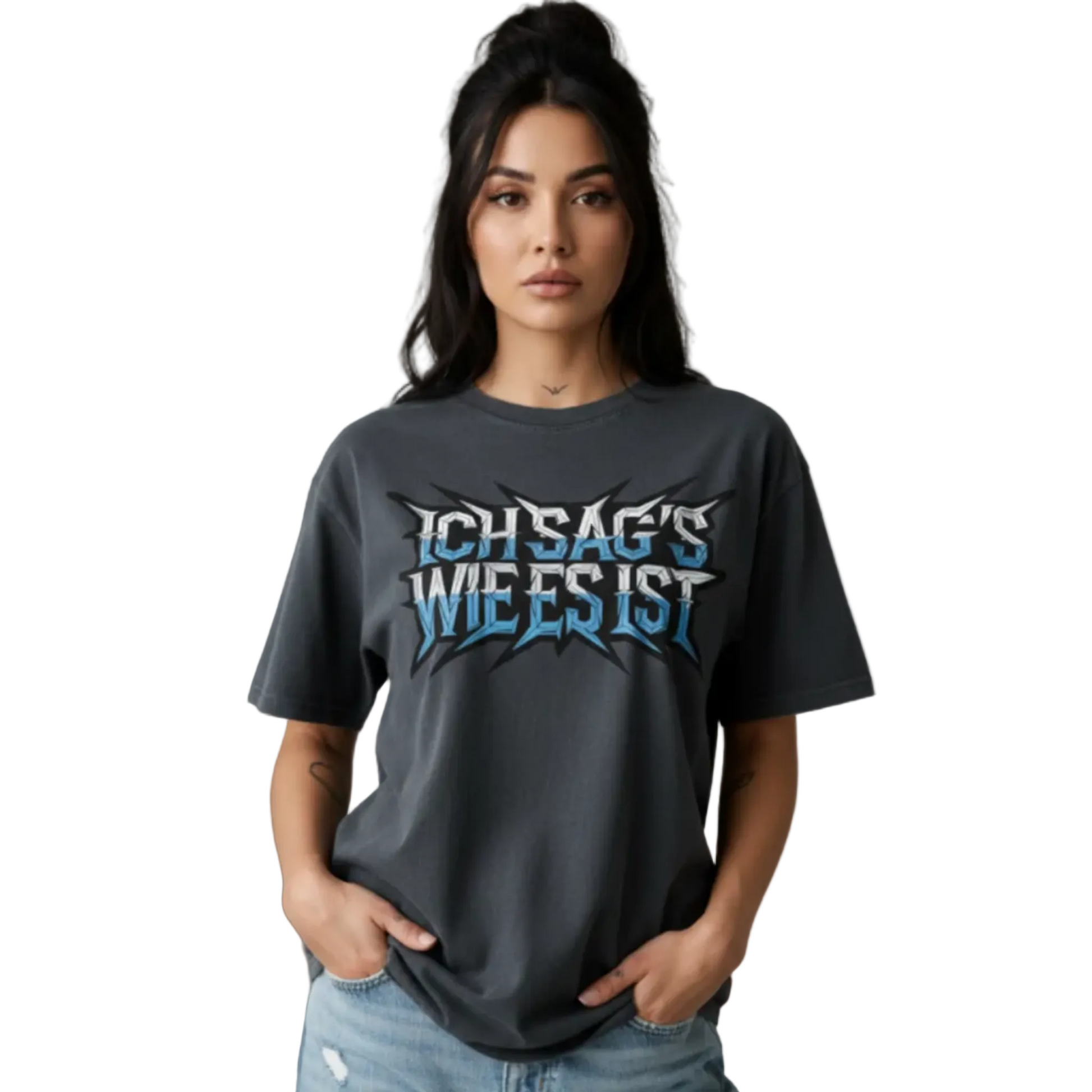 VACANCY Oversized Shirt in Washed Black mit „ICH SAG’S WIE ES IST“-TORIPROS