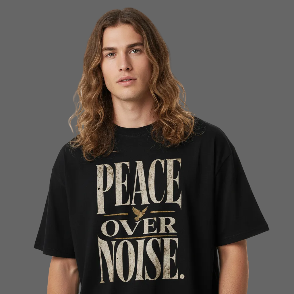 VACANCY Oversized Shirt in Schwarz mit „PEACE OVER NOISE“-Motiv, 100% Baumwolle, Oversized Fit, Drop Shoulders, weiches Tragegefühl