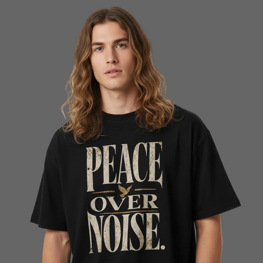 VACANCY Oversized Shirt in Schwarz mit „PEACE OVER NOISE“-Motiv, 100% Baumwolle, Oversized Fit, Drop Shoulders, weiches Tragegefühl