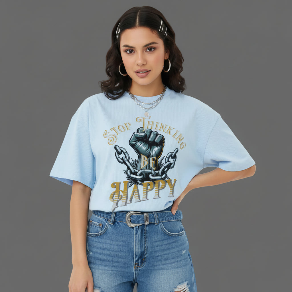 VACANCY Oversized Shirt in Babyblau mit „STOP THINKING BE HAPPY“-TORIPROS