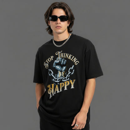VACANCY Oversized Shirt in Schwarz mit „STOP THINKING BE HAPPY“-TORIPROS