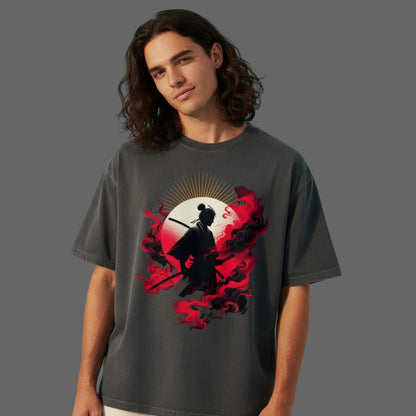 VACANCY Oversized Shirt in Washed Black mit „Samurai-Mythos“-TORIPROS