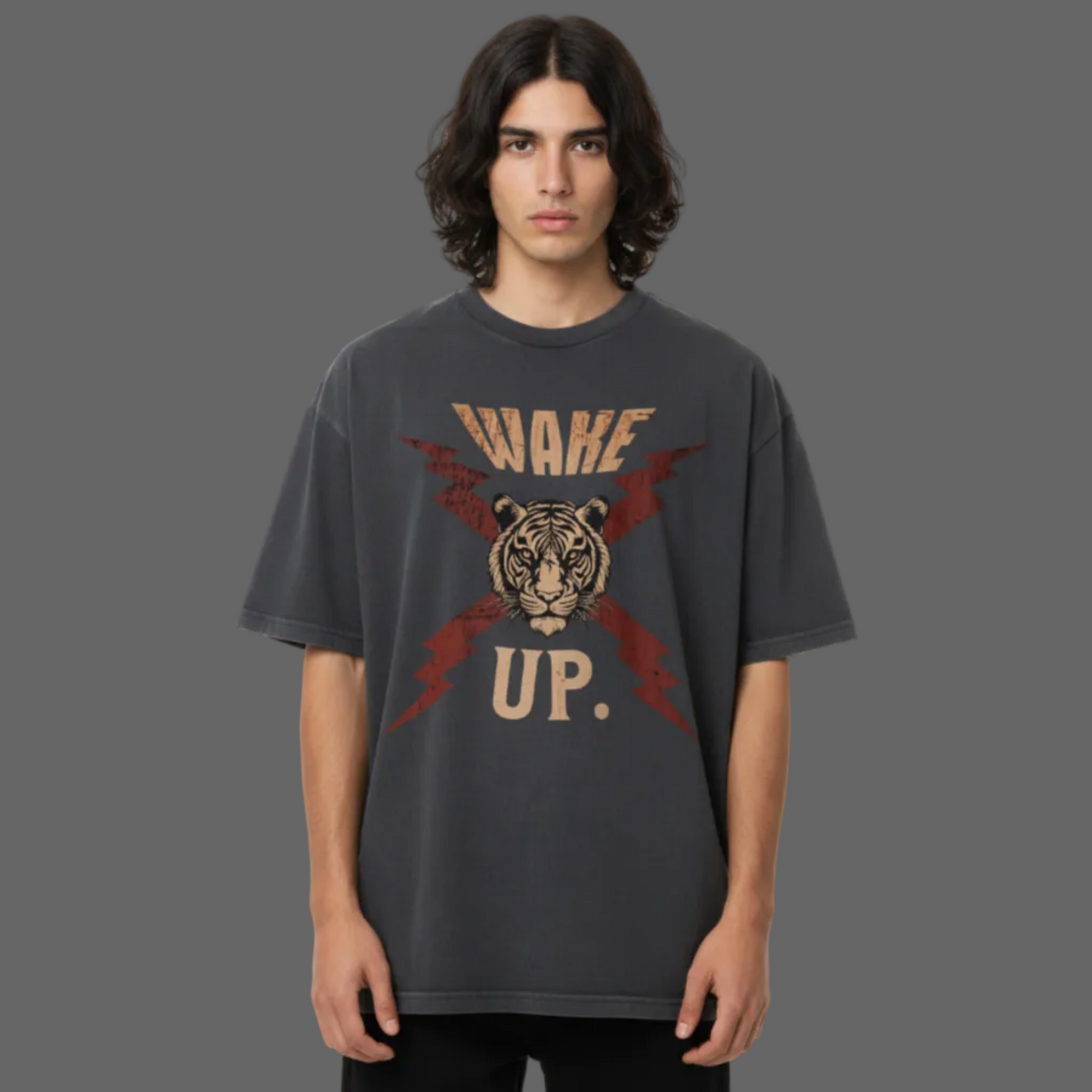 VACANCY Oversized Shirt in Washed Black mit „WAKE UP."-TORIPROS