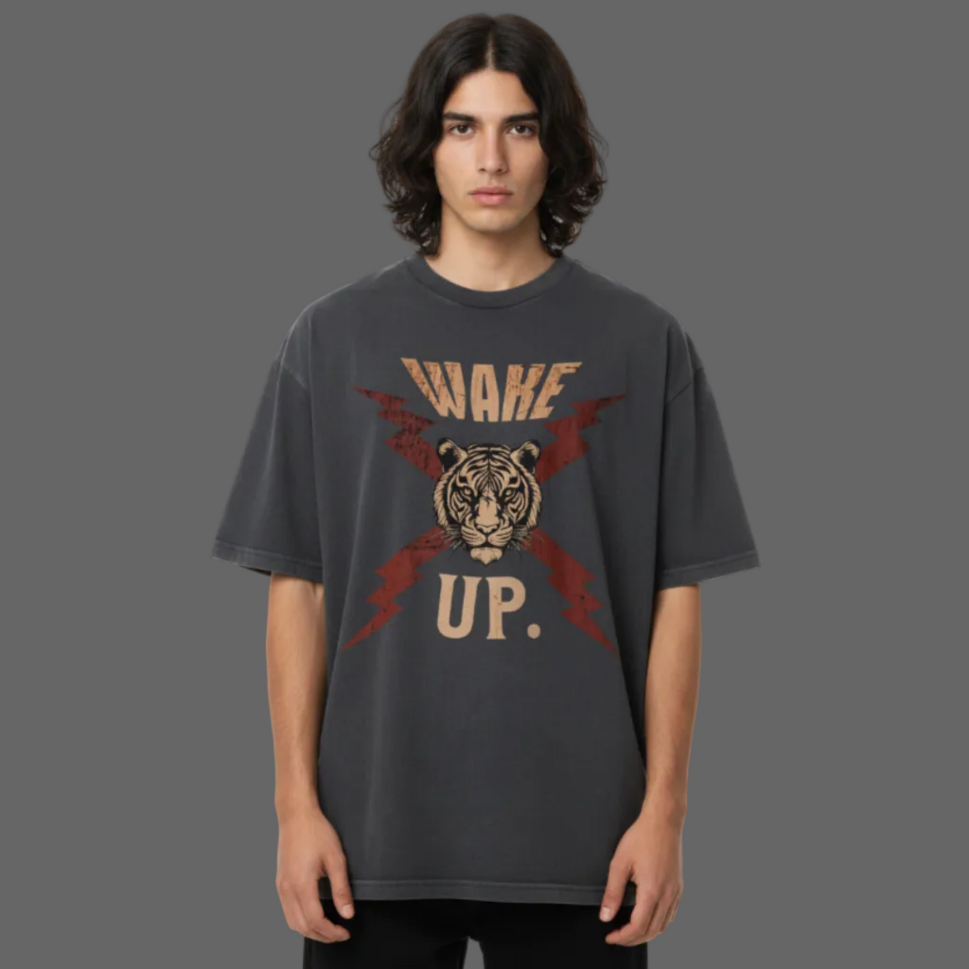 VACANCY Oversized Shirt in Washed Black mit „WAKE UP."-TORIPROS