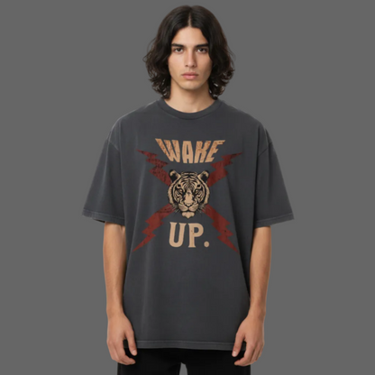 VACANCY Oversized Shirt in Washed Black mit „WAKE UP."-TORIPROS