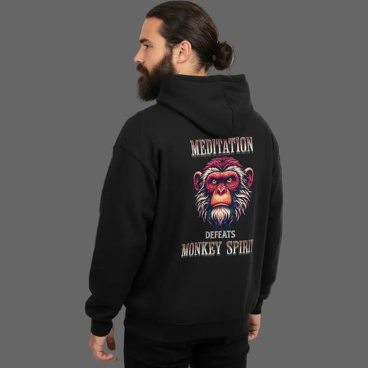VACANCY Oversized Zipper Hoodie in Schwarz mit „MEDITATION defeats MONKEY SPIRIT“-TORIPROS