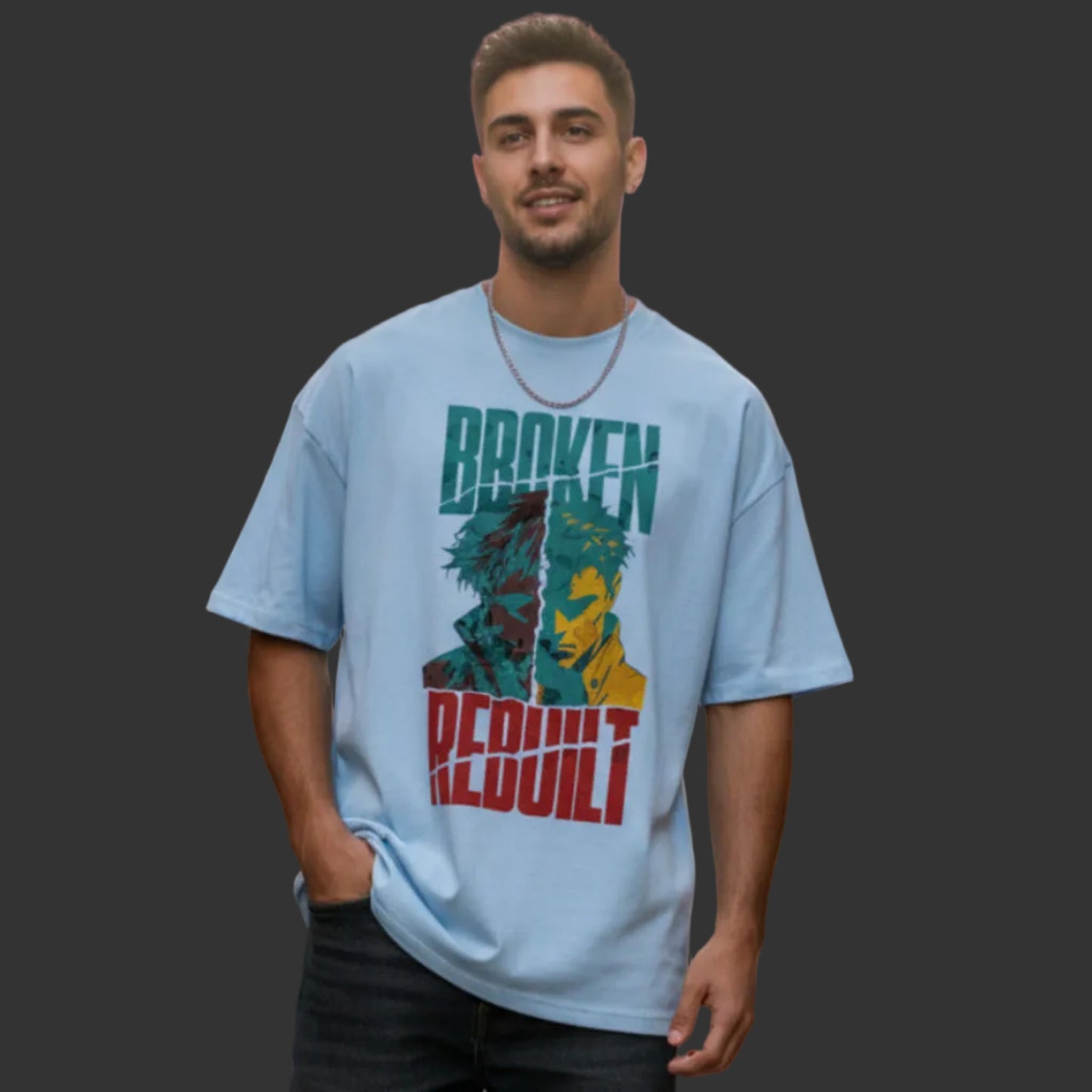  Toripros Wandel Kollektion – BROKEN REBUILT Oversized Shirt in Babyblau, modernes Streetwear-Design mit starkem Statement