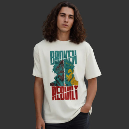 Toripros Wandel Kollektion – BROKEN REBUILT Oversized Shirt in Natural Raw, modernes Streetwear-Design mit starkem Statement

