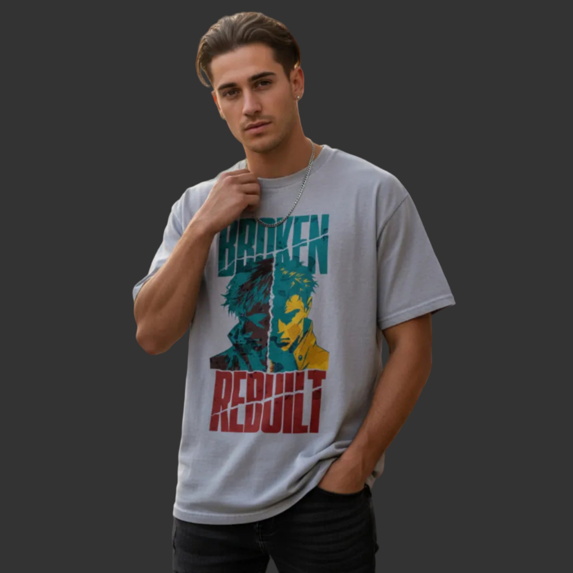 Toripros Wandel Kollektion – BROKEN REBUILT Oversized Shirt in Washed Grey, modernes Streetwear-Design mit starkem Statement