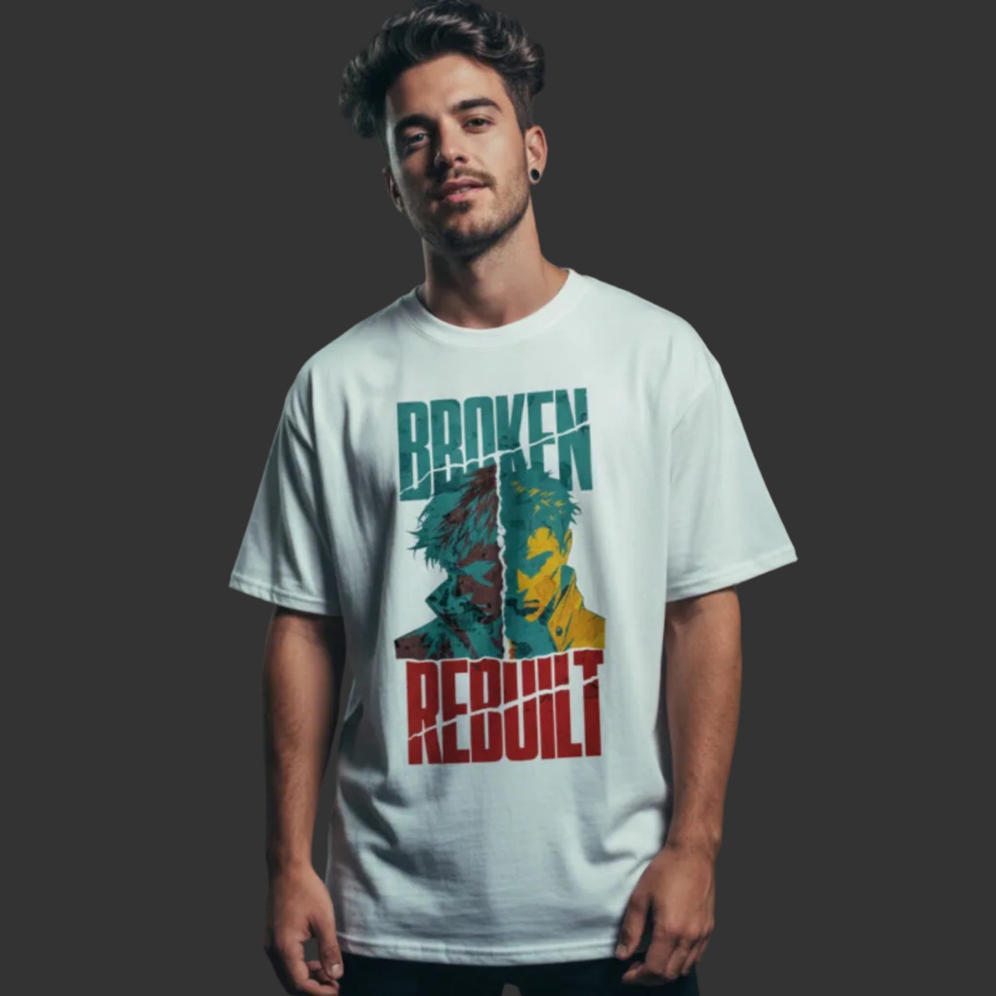 Toripros Wandel Kollektion – BROKEN REBUILT Oversized Shirt in Weiß, modernes Streetwear-Design mit starkem Statement