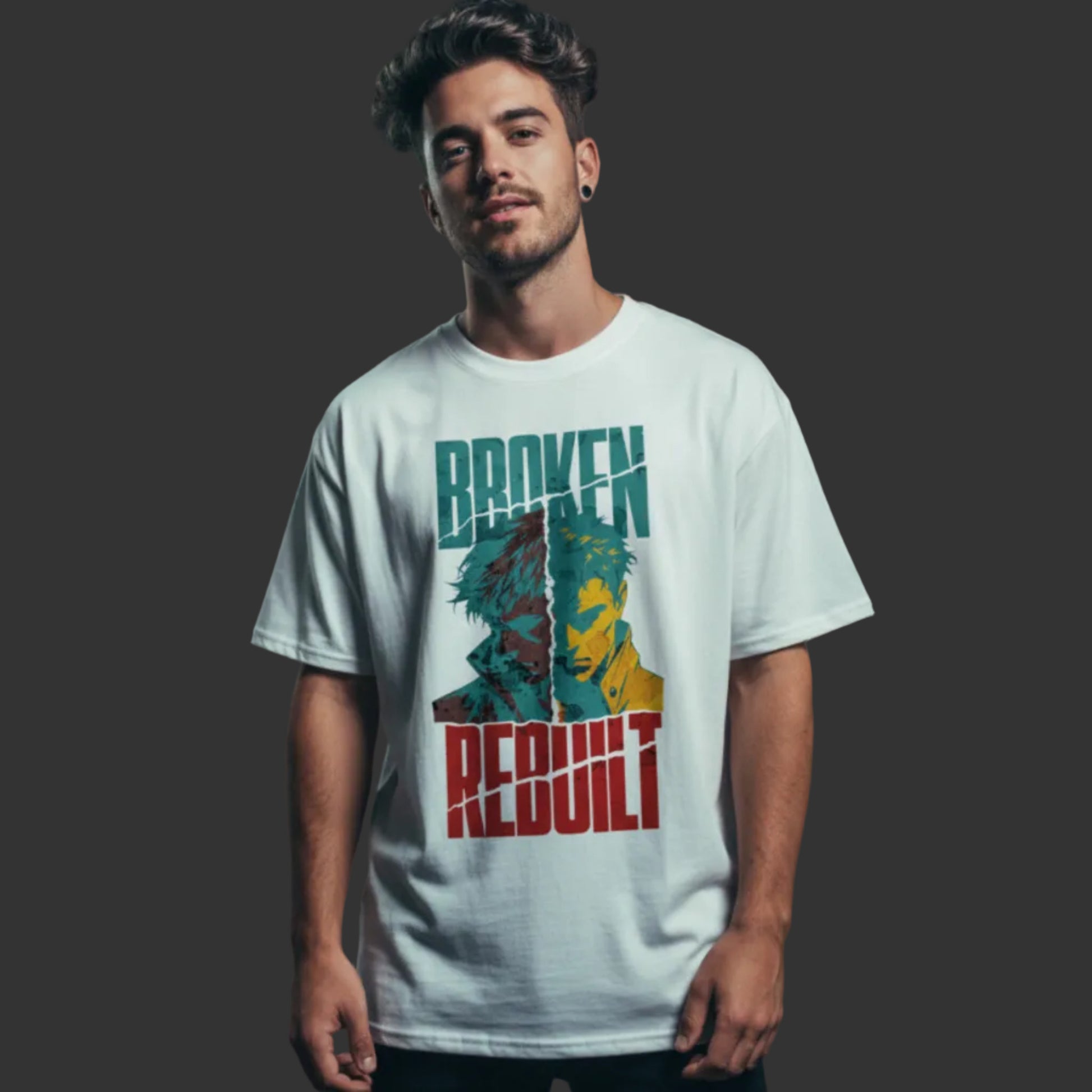 Toripros Wandel Kollektion – BROKEN REBUILT Oversized Shirt in Weiß, modernes Streetwear-Design mit starkem Statement