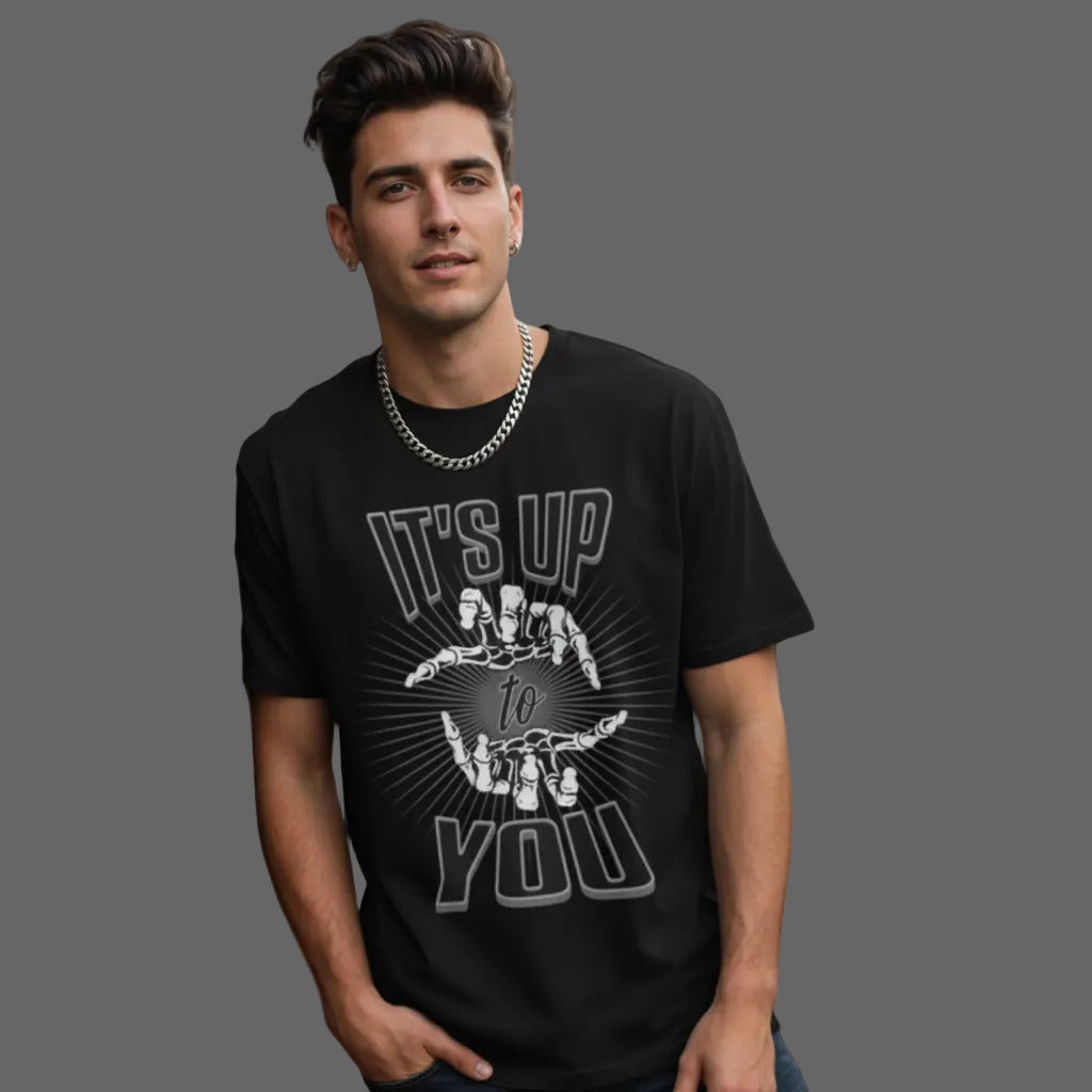 Toripros LEBEN Kollektion – IT'S UP TO YOU Oversized Shirt in Schwarz, modernes Streetwear-Design mit starkem Statement

