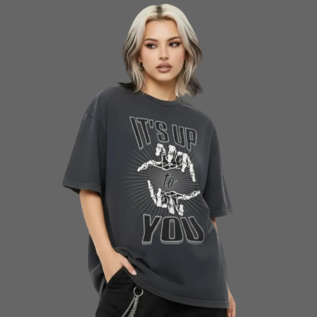 Toripros LEBEN Kollektion – IT'S UP TO YOU Oversized Shirt in Washed Black, modernes Streetwear-Design mit starkem Statement