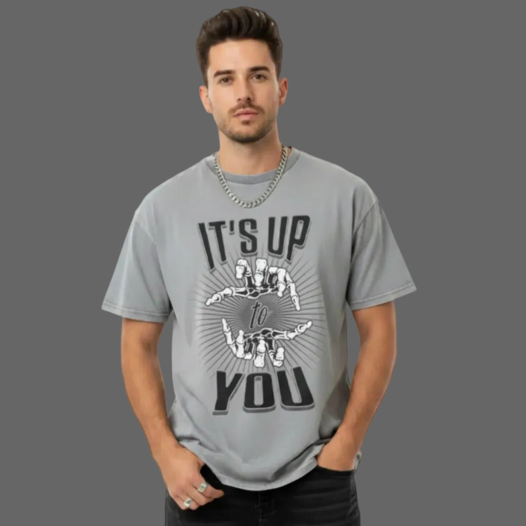  Toripros LEBEN Kollektion – IT'S UP TO YOU Oversized Shirt in Washed Grey, modernes Streetwear-Design mit starkem Statement

