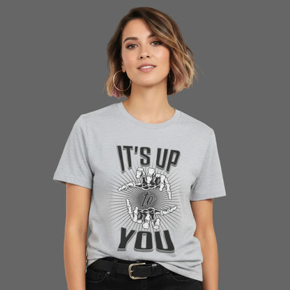 Toripros LEBEN Kollektion – IT'S UP TO YOU Premium T-Shirt in Heather Grey, modernes Streetwear-Design mit starkem Statement

