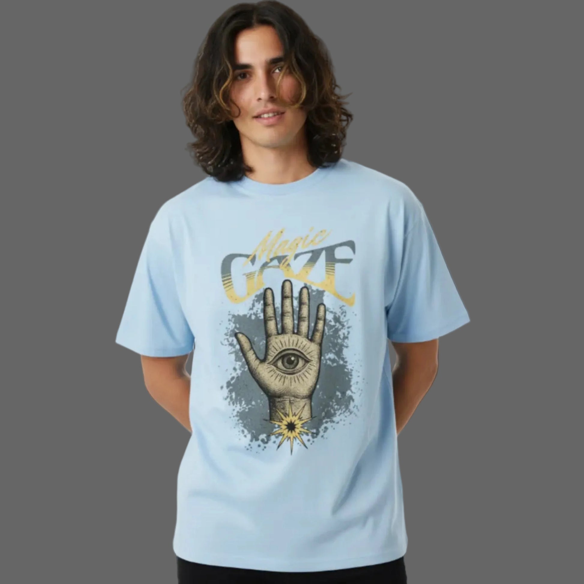 Toripros MYSTICA Kollektion – Magic Gaze Oversized Shirt in Babyblau, modernes Streetwear-Design mit mystischem Statement
