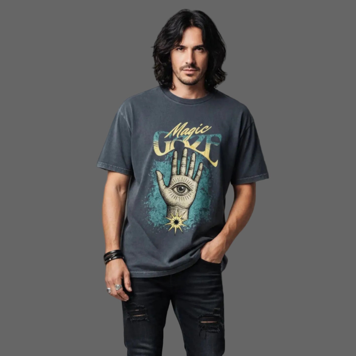 Toripros MYSTICA Kollektion – Magic Gaze Oversized Shirt in Washed Black, modernes Streetwear-Design mit mystischem Statement