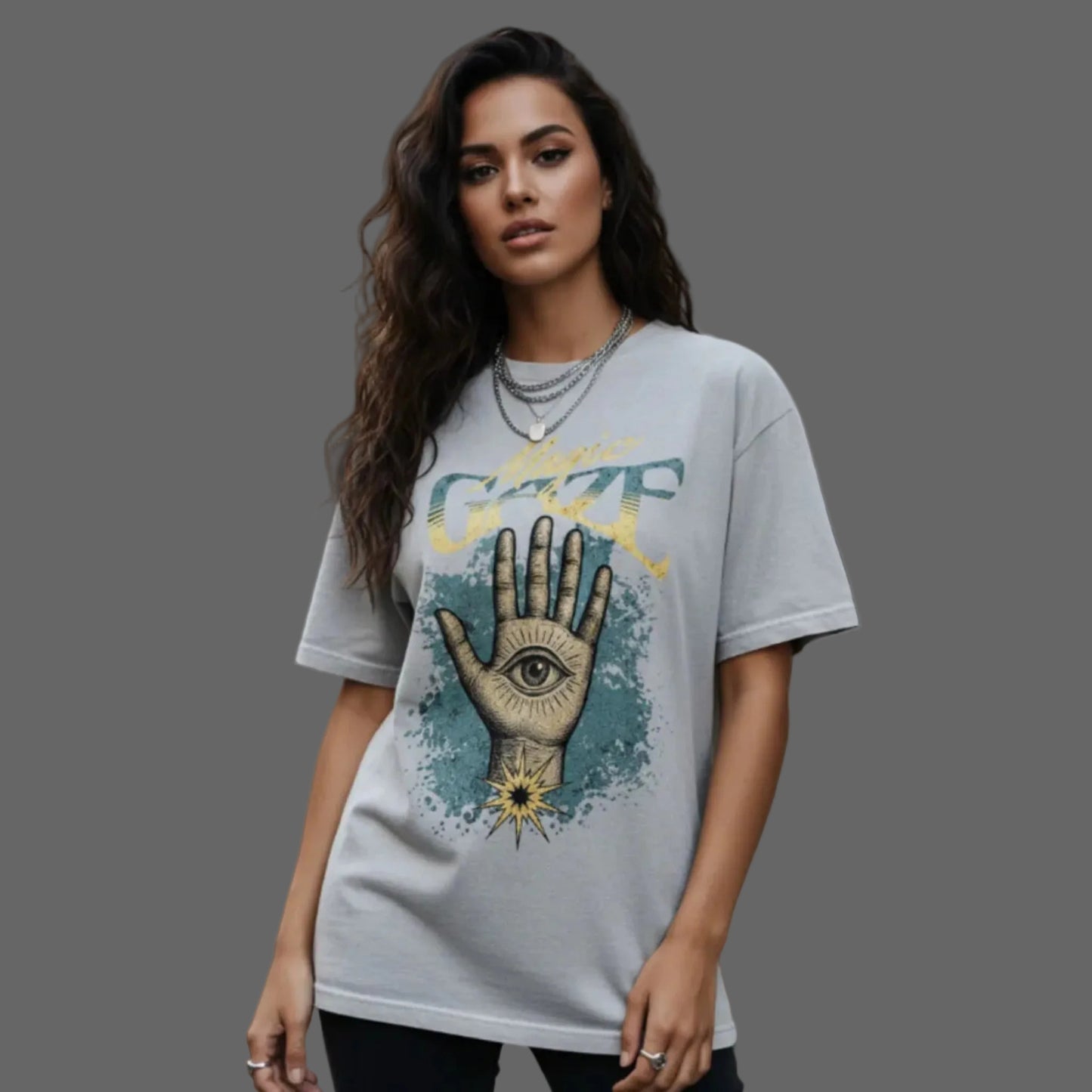  Toripros MYSTICA Kollektion – Magic Gaze Oversized Shirt in Washed Grey, modernes Streetwear-Design mit mystischem Statement