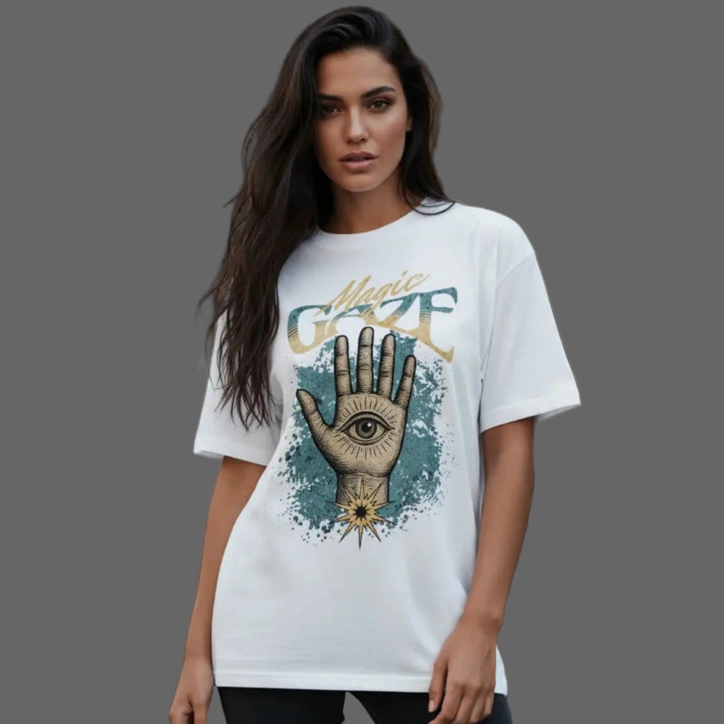  Toripros MYSTICA Kollektion – Magic Gaze Oversized Shirt in Weiß, modernes Streetwear-Design mit mystischem Statement