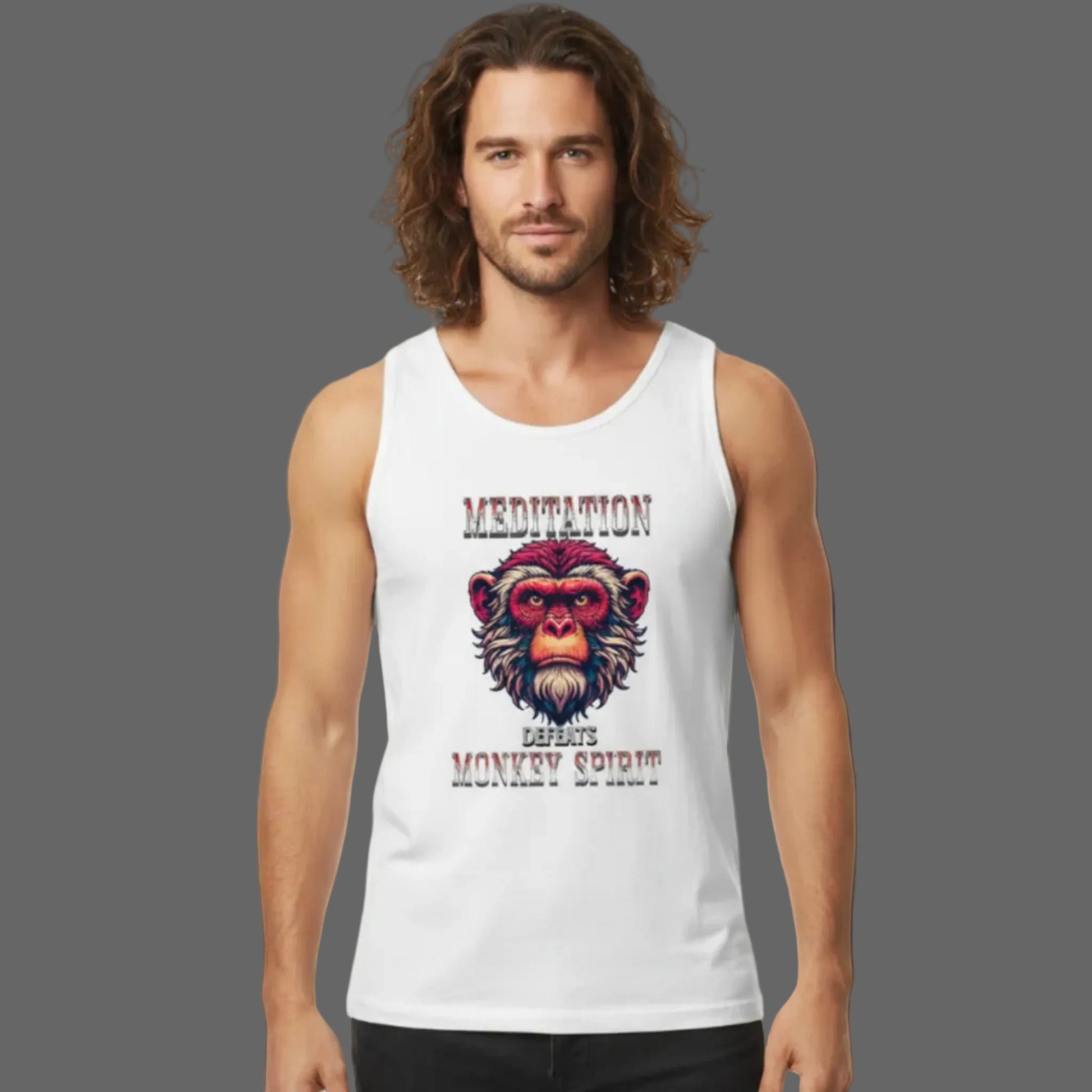  Toripros STILLE Kollektion – MEDITATION defeats MONKEY SPIRIT Classic Tanktop in Weiß, modernes Streetwear-Design mit starkem Statement