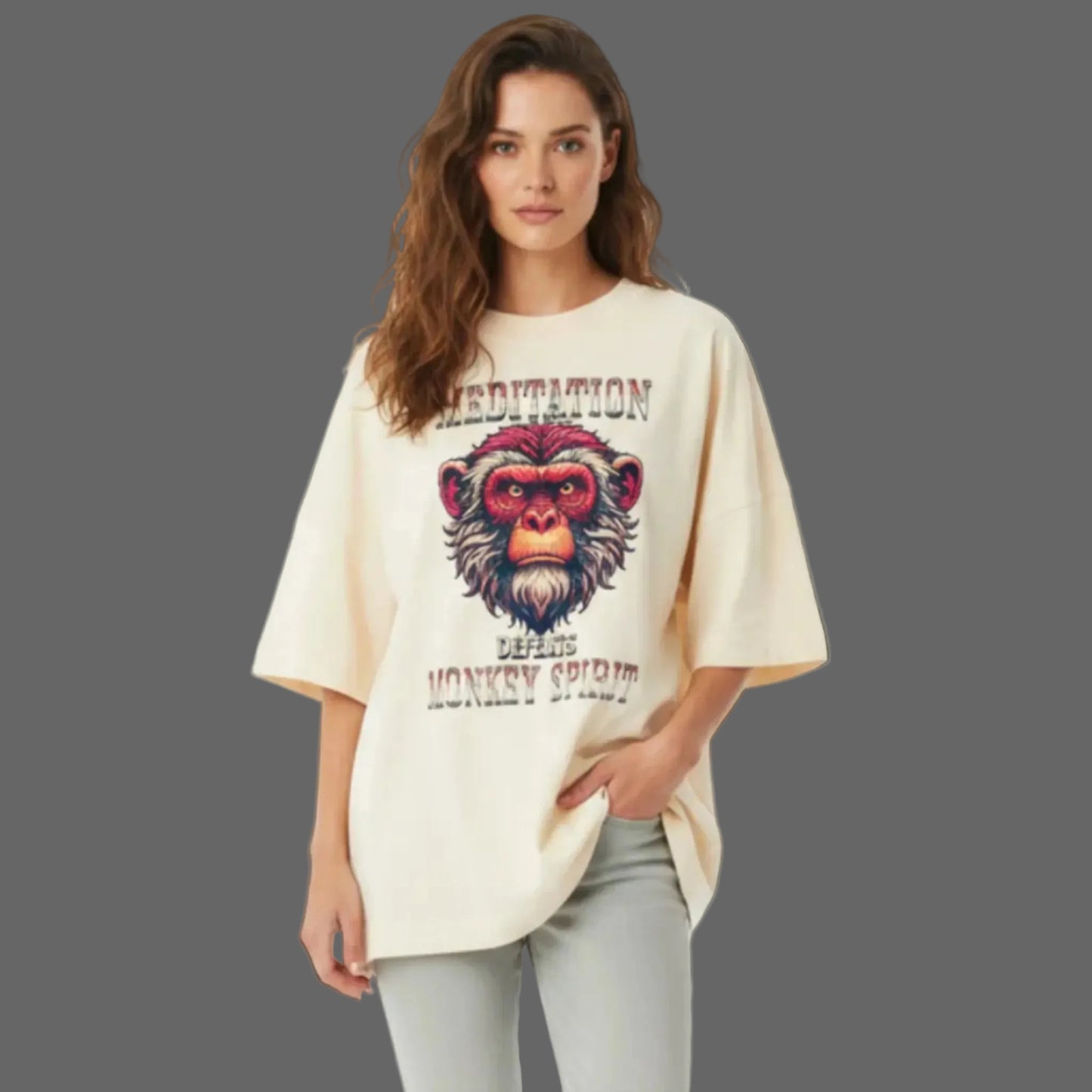 Toripros STILLE Kollektion – MEDITATION defeats MONKEY SPIRIT Premium Organic Oversize Blast in Beige, modernes Streetwear-Design mit starkem Statement


