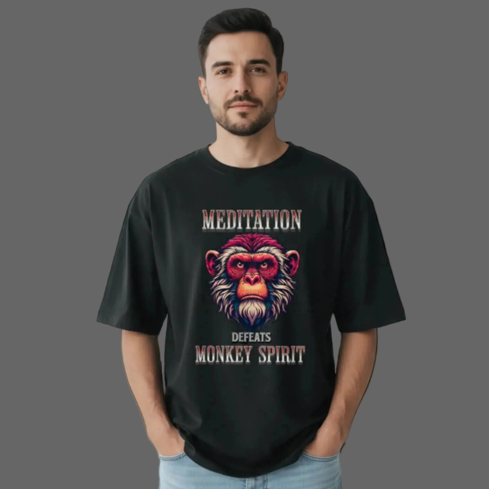 Toripros STILLE Kollektion – MEDITATION defeats MONKEY SPIRIT Premium Organic Oversize Blast in Schwarz, modernes Streetwear-Design mit starkem Statement