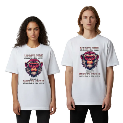 Toripros STILLE Kollektion – MEDITATION defeats MONKEY SPIRIT Premium Organic Oversize Blast in Weiß, modernes Streetwear-Design mit starkem Statement