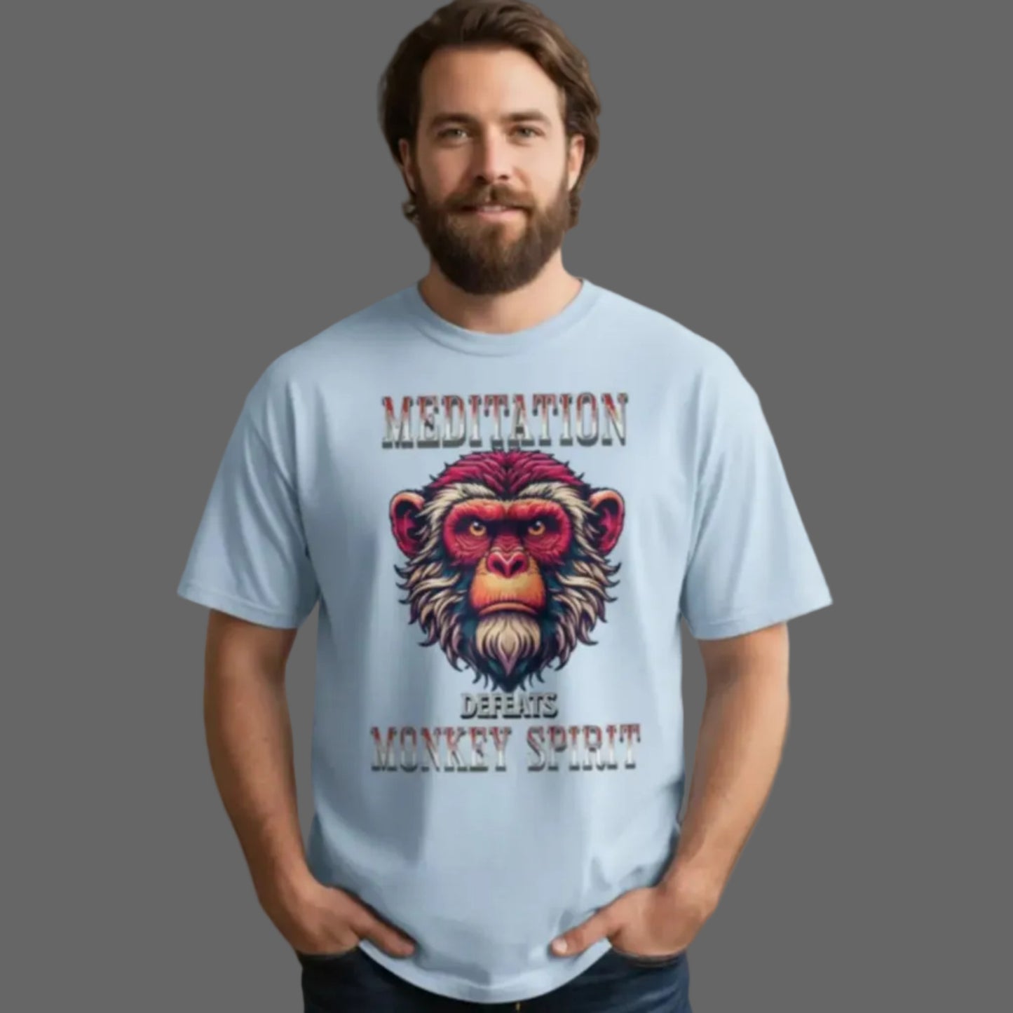 Toripros STILLE Kollektion – MEDITATION defeats MONKEY SPIRIT Oversized Shirt in Babyblau, modernes Streetwear-Design mit starkem Statement