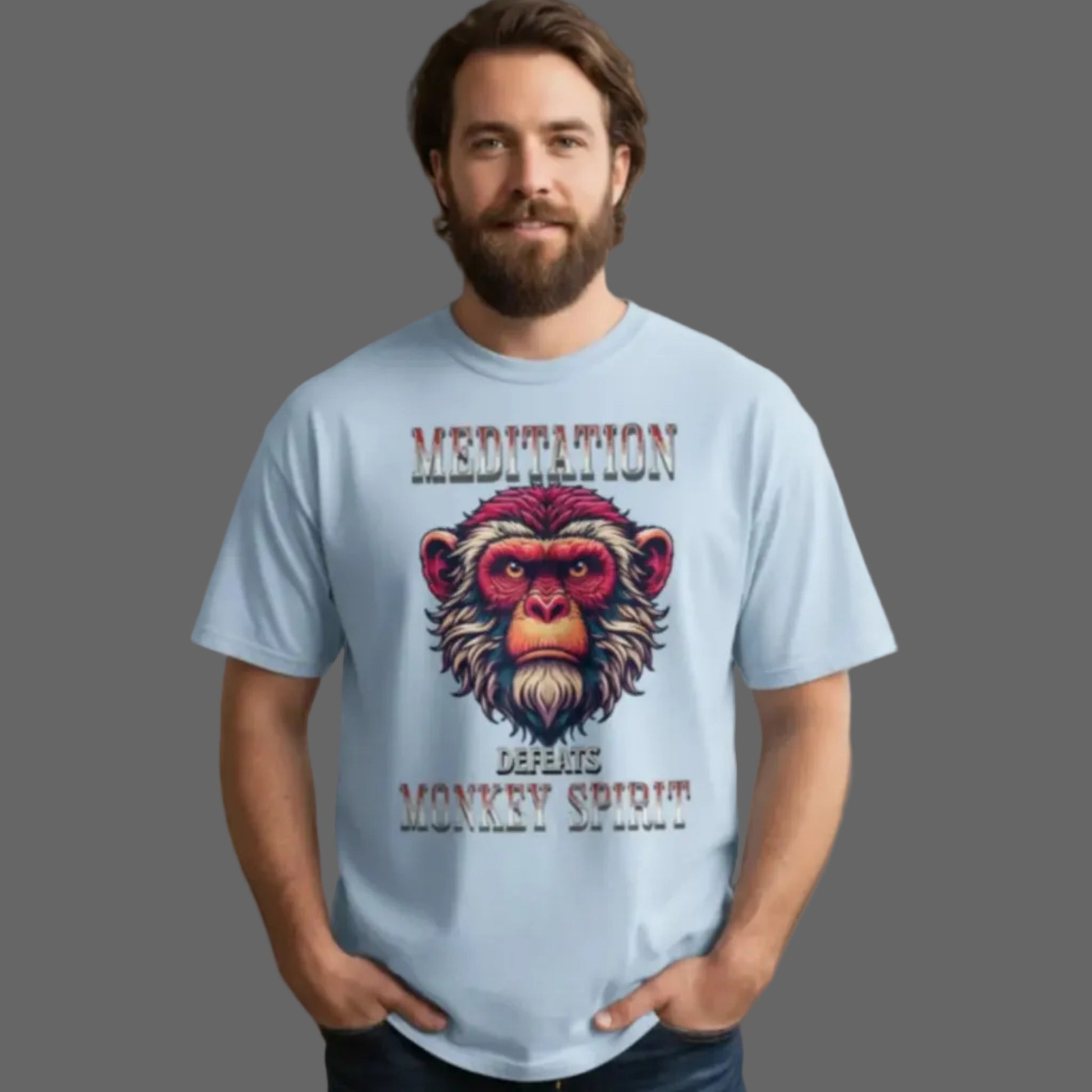  Toripros STILLE Kollektion – MEDITATION defeats MONKEY SPIRIT Oversized Shirt in Babyblau, modernes Streetwear-Design mit starkem Statement