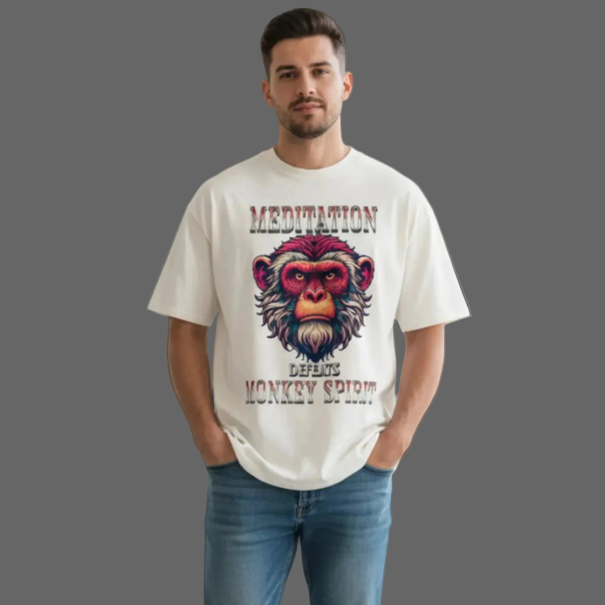  Toripros STILLE Kollektion – MEDITATION defeats MONKEY SPIRIT Oversized Shirt in Natural Raw, modernes Streetwear-Design mit starkem Statement

