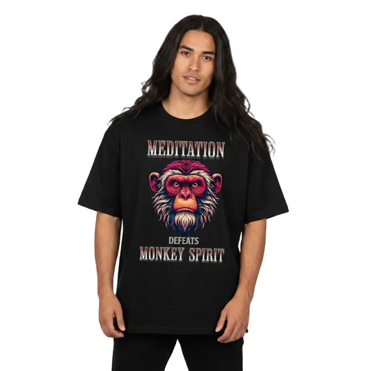 Toripros STILLE Kollektion – MEDITATION defeats MONKEY SPIRIT Oversized Shirt in Schwarz, modernes Streetwear-Design mit starkem Statement