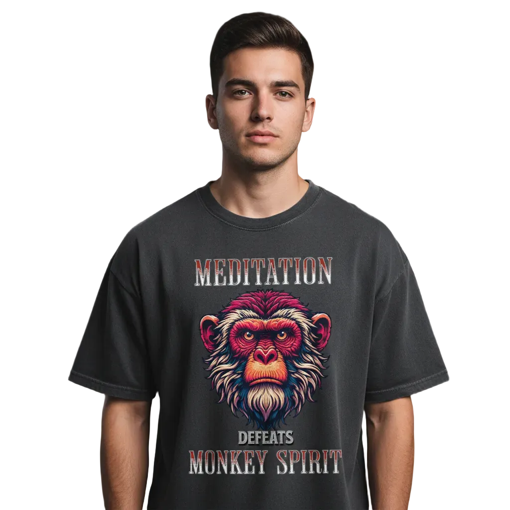 Toripros STILLE Kollektion – MEDITATION defeats MONKEY SPIRIT Oversized Shirt in Washed Black, modernes Streetwear-Design mit starkem Statement