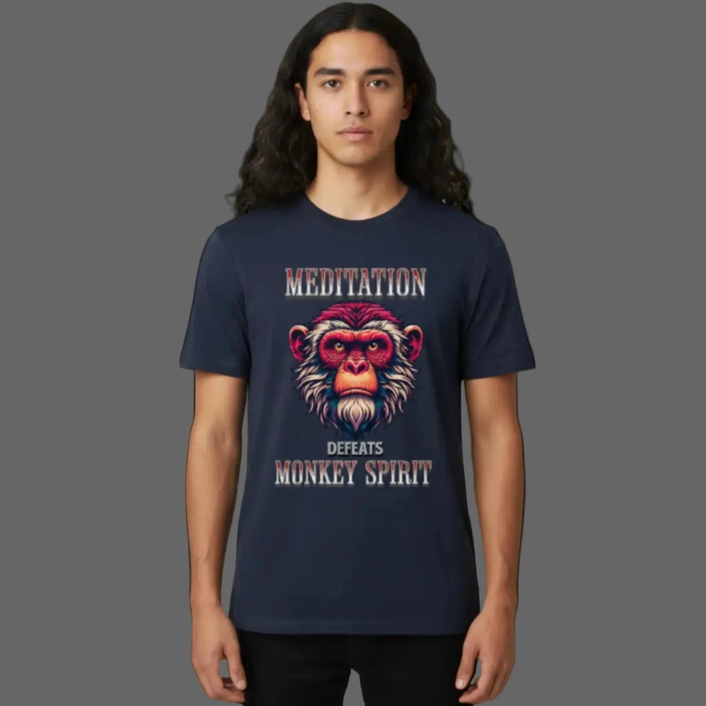  Toripros STILLE Kollektion – MEDITATION defeats MONKEY SPIRIT Premium T-Shirt in French Navy, modernes Streetwear-Design mit starkem Statement

